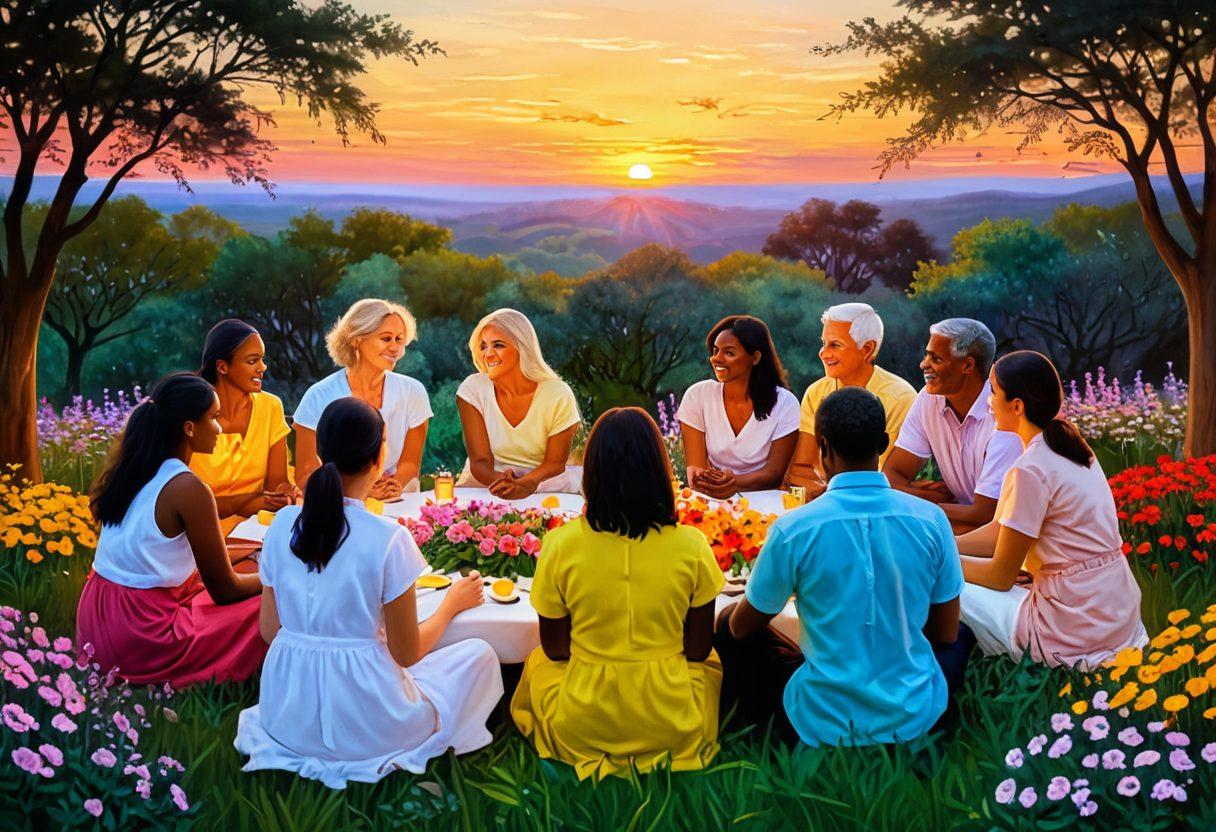 A serene and inviting setting depicting a diverse group of people engaged in open conversations about intimacy and relationships. Incorporate symbols of love and connection, such as intertwined hearts and colorful flowers. Show a gentle sunset in the background to evoke warmth and positivity. Emphasize inclusivity with various ages and backgrounds, creating a sense of community. Painting. soft pastel colors.