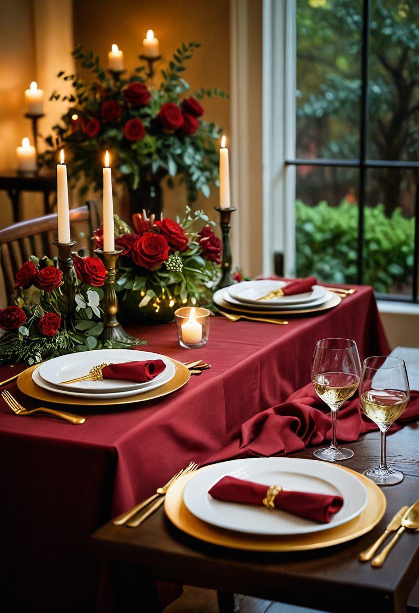 A cozy, intimate setting featuring a beautifully set table for two with candles softly lit, surrounded by lush flowers. The atmosphere is warm and inviting, with a gentle glow illuminating the space, evoking a sense of romance and sensuality. Include subtle hints of passion, like intertwined hands and glasses of wine. Focus on deep reds, soft golds, and lush greens to create an ambiance of love and connection. super-realistic. warm tones. soft focus.