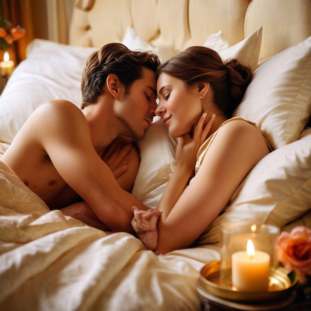 A warm, inviting bedroom scene with soft lighting, featuring a couple embracing each other tenderly amidst silky sheets. Decorative candles and flowers in the background enhance a sensual atmosphere. Include subtle symbols of intimacy like intertwined hands or soft whispers. The scene radiates love, connection, and trust. super-realistic. vibrant colors. soft focus.